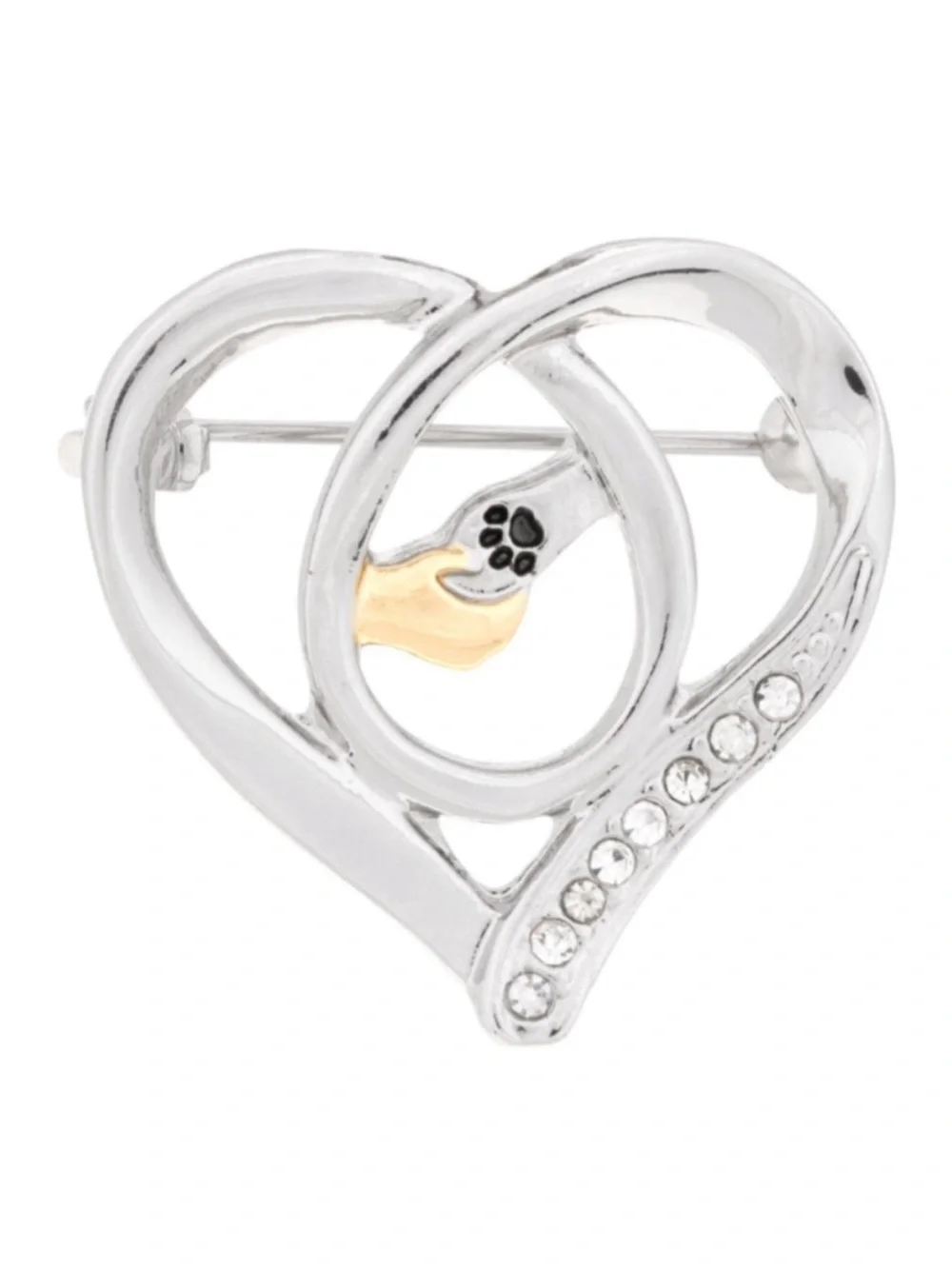 Greater Good Network Paw in Hand Heart Silver & Gold Crystal Lined Brooch Pin